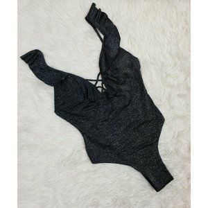 NWT Asbayson Women's Large Black Metallic One Piece Swimsuit Adjustable Straps G